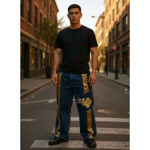 Mens GIO Authentic Jeans Wear  Denim Pants Gold Velvet & Crown Graphic Size 34